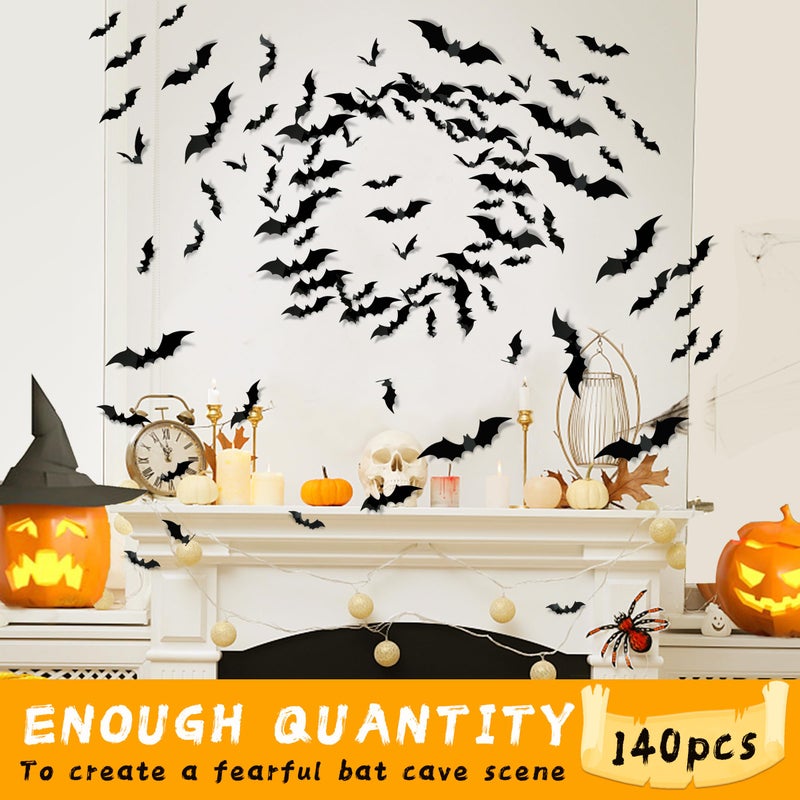 TDHDIKE Halloween Party Supplies Hallween Decorations Bats Wall Decor 140PCS Realistic PVC 3D Black Scary Bat Sticker for Creepy Home Decor Halloween Party Decorations DIY Wall Decal Bathroom Indoor Halloween Decor - Image 3